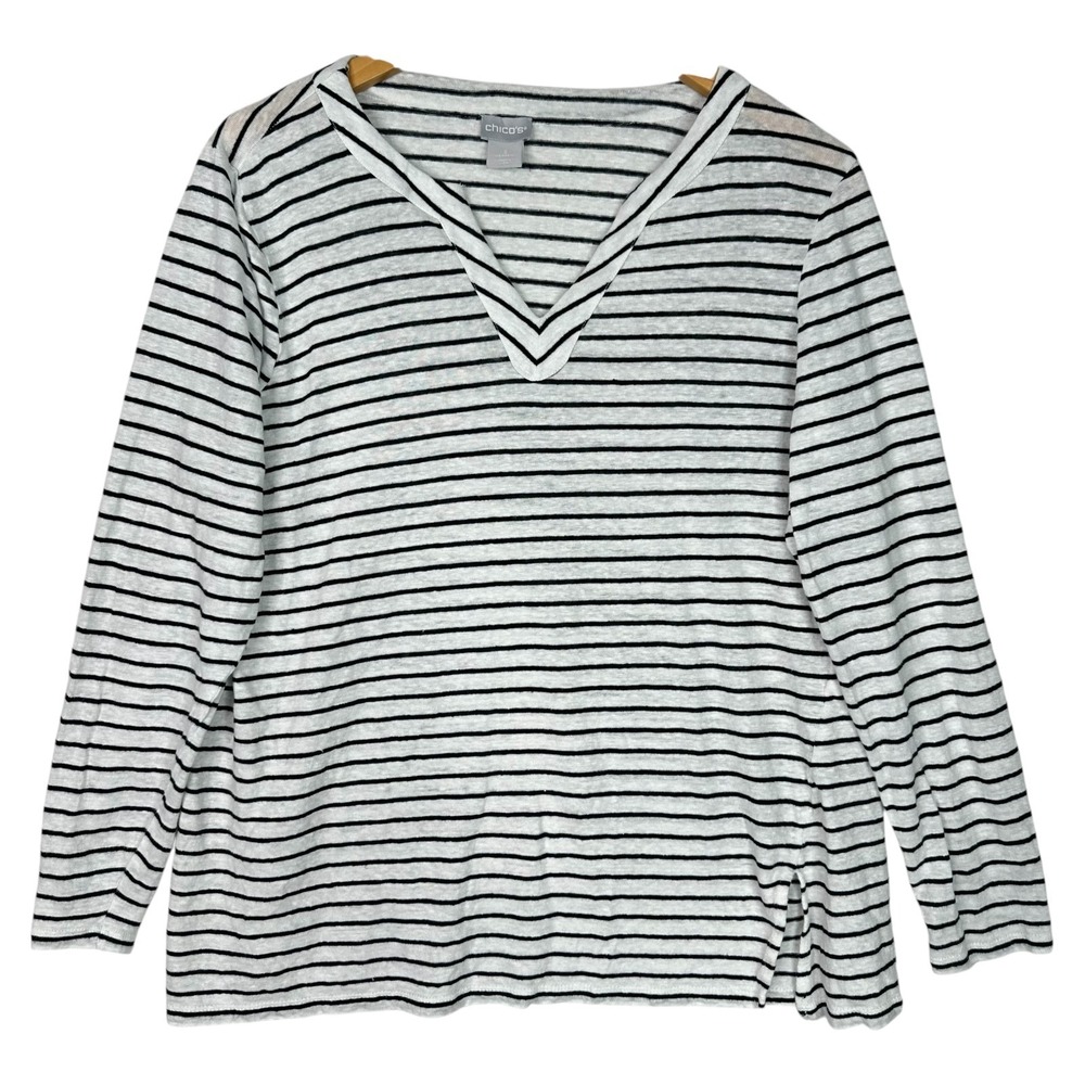 Chico's Linen Lightweight Sweater Womens  XL Stripe Long Sleeve Pullover Top